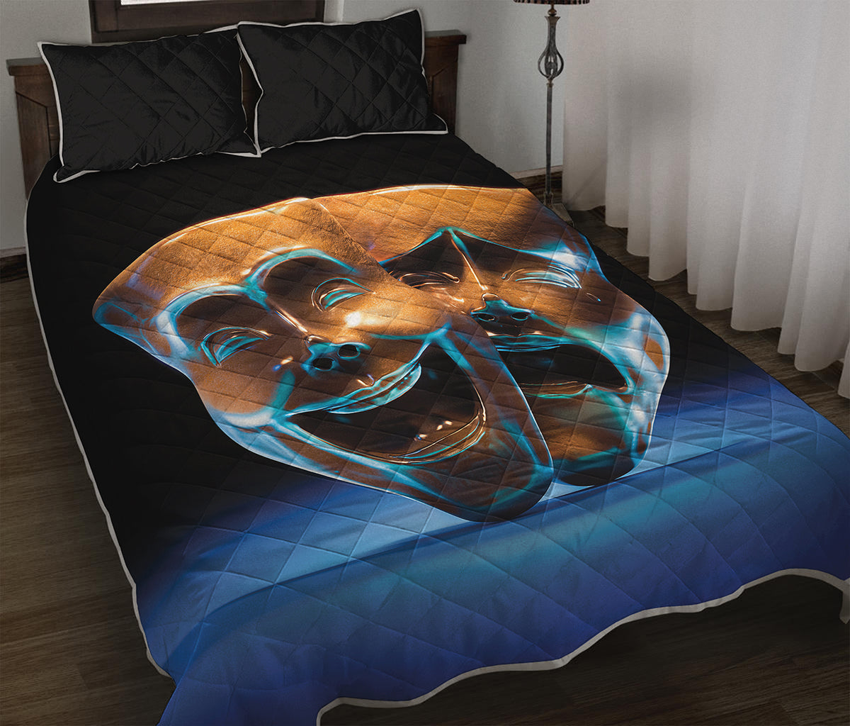 The Sock And Buskin Theatre Masks Print Quilt Bed Set