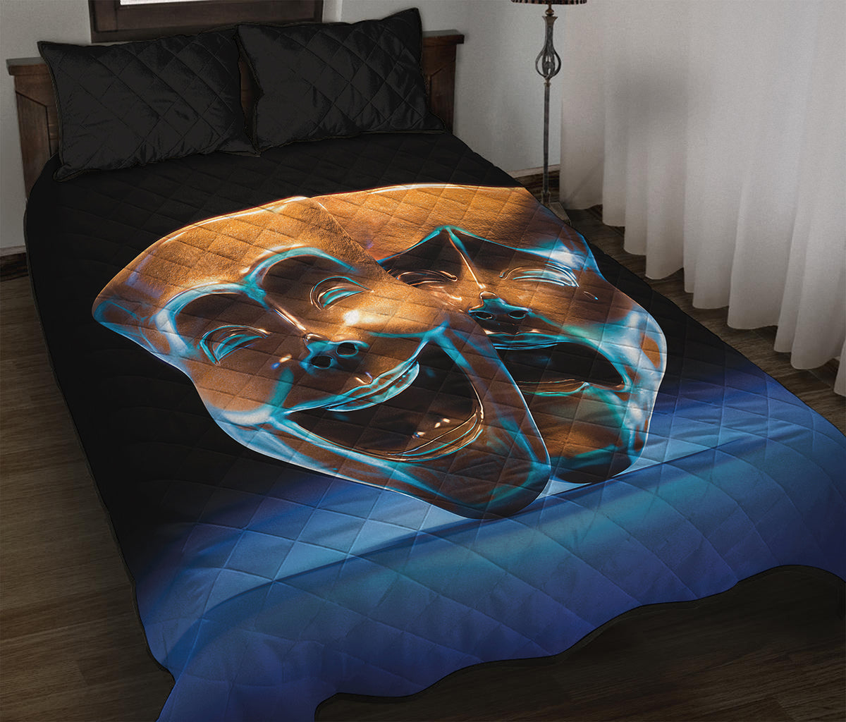 The Sock And Buskin Theatre Masks Print Quilt Bed Set