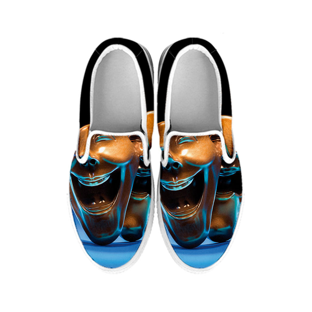 The Sock And Buskin Theatre Masks Print White Slip On Shoes