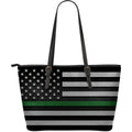 Thin Green Line Leather Tote Bag With Zipper