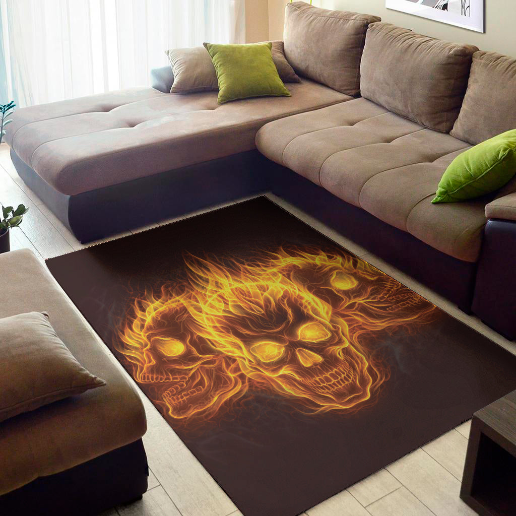 Three Flaming Skull Print Area Rug