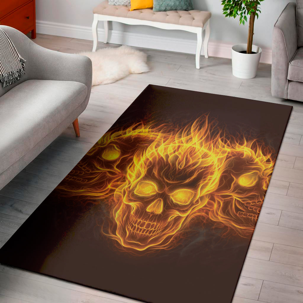 Three Flaming Skull Print Area Rug