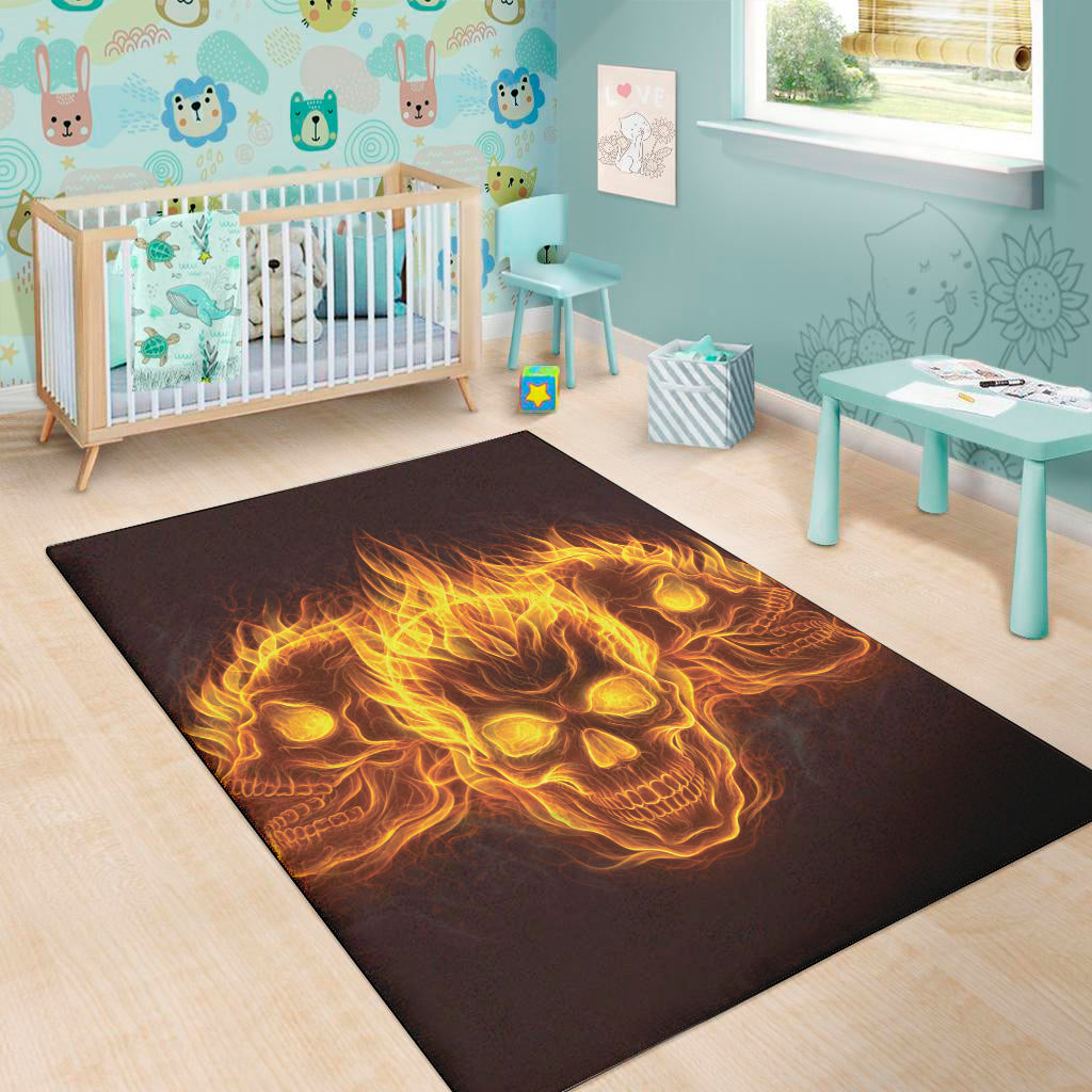 Three Flaming Skull Print Area Rug