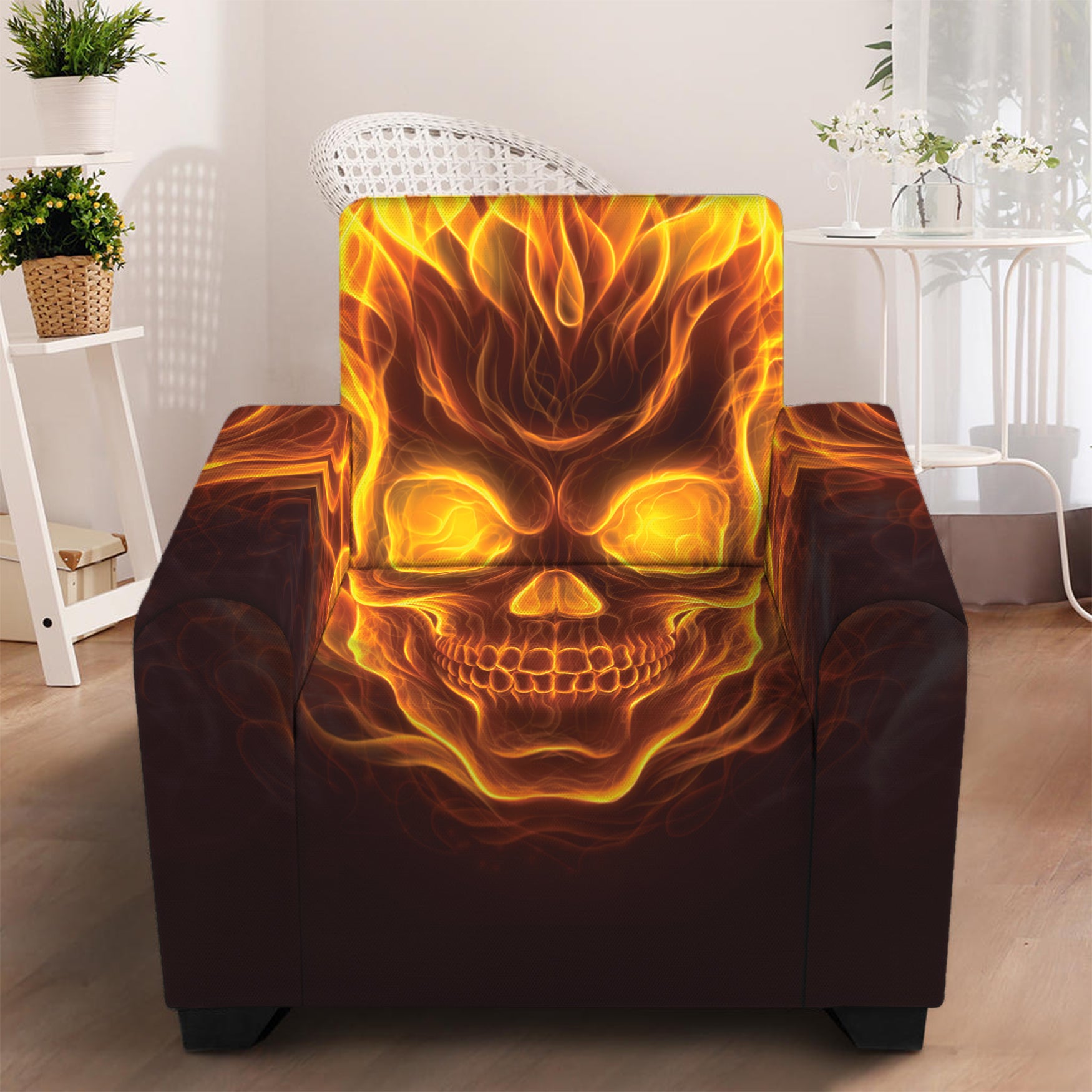 Three Flaming Skull Print Armchair Slipcover