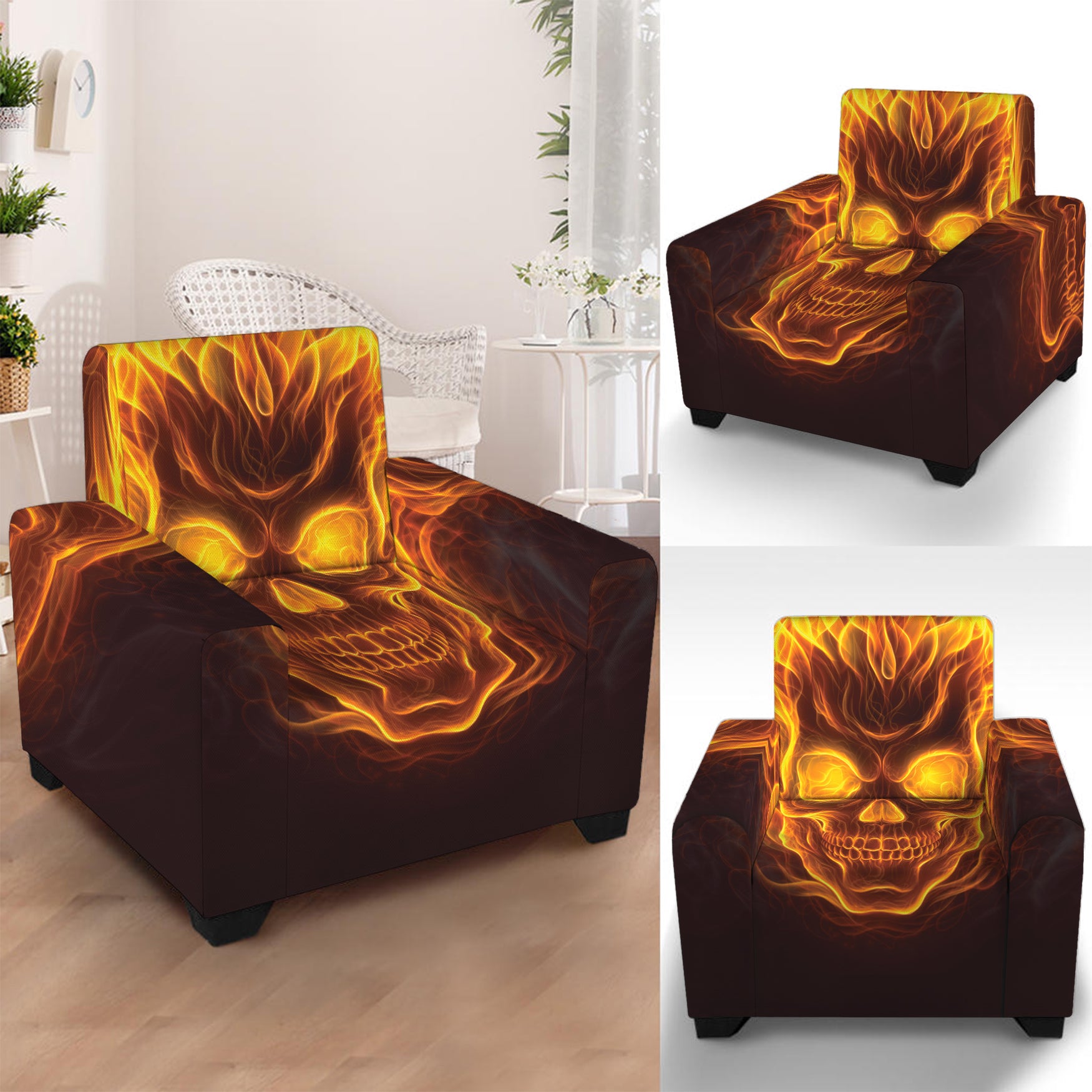 Three Flaming Skull Print Armchair Slipcover