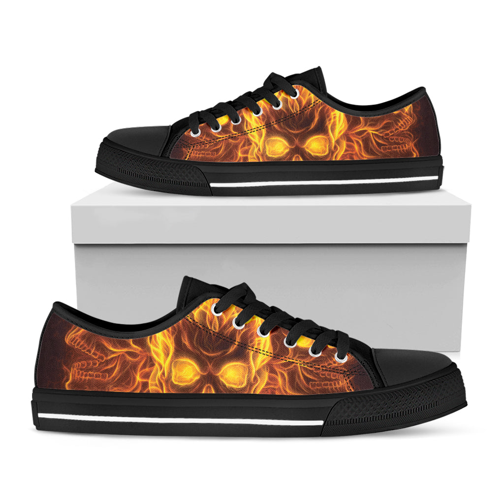 Three Flaming Skull Print Black Low Top Shoes 