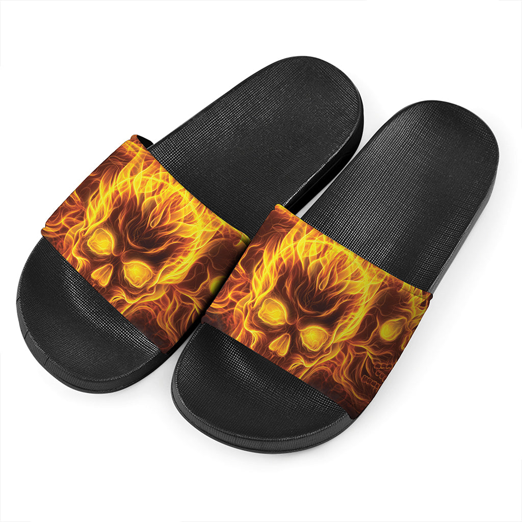 Three Flaming Skull Print Black Slide Sandals