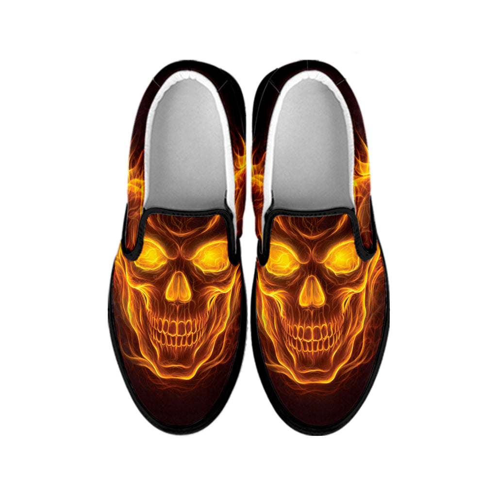 Three Flaming Skull Print Black Slip On Shoes