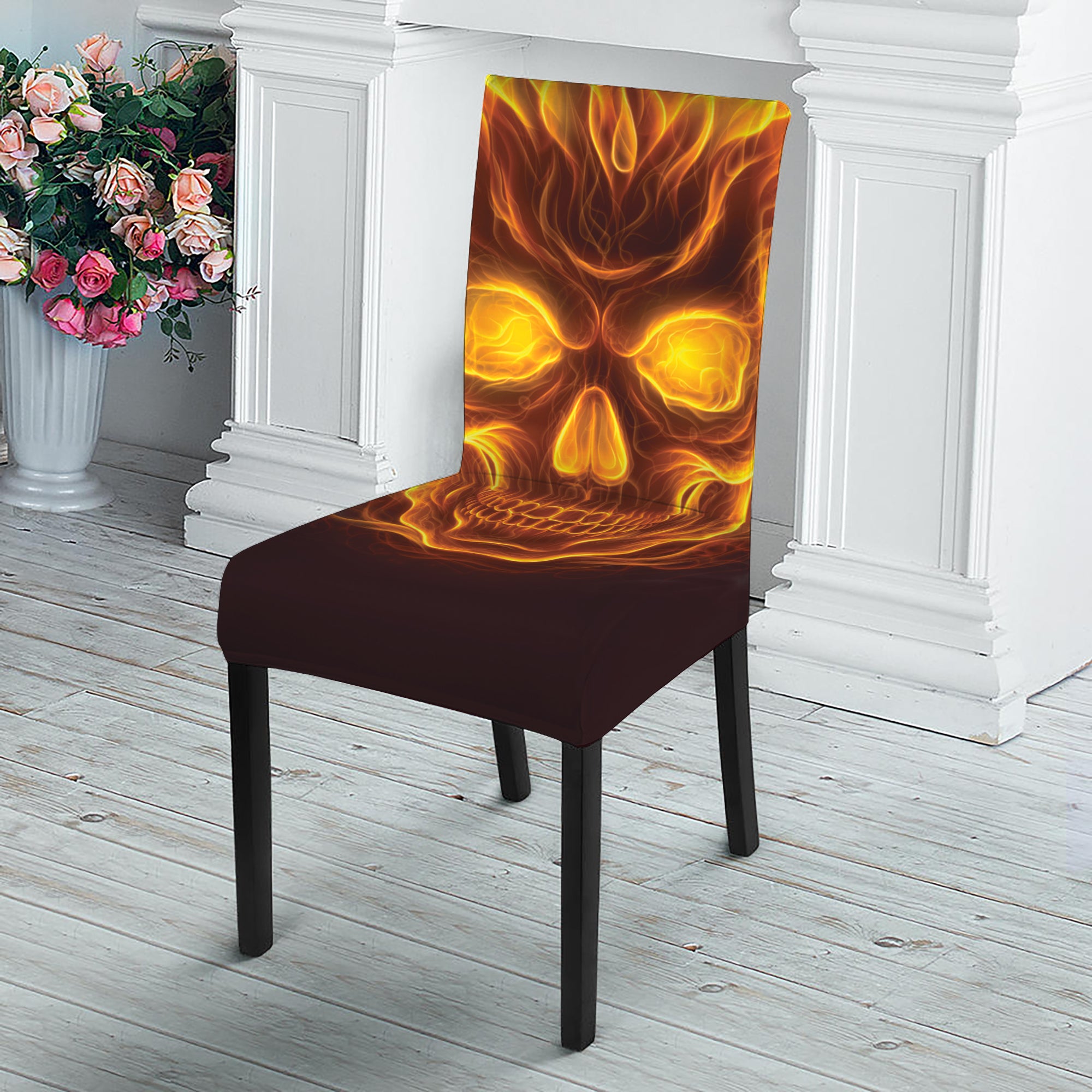 Three Flaming Skull Print Dining Chair Slipcover