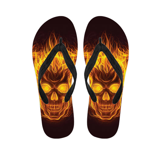 Three Flaming Skull Print Flip Flops