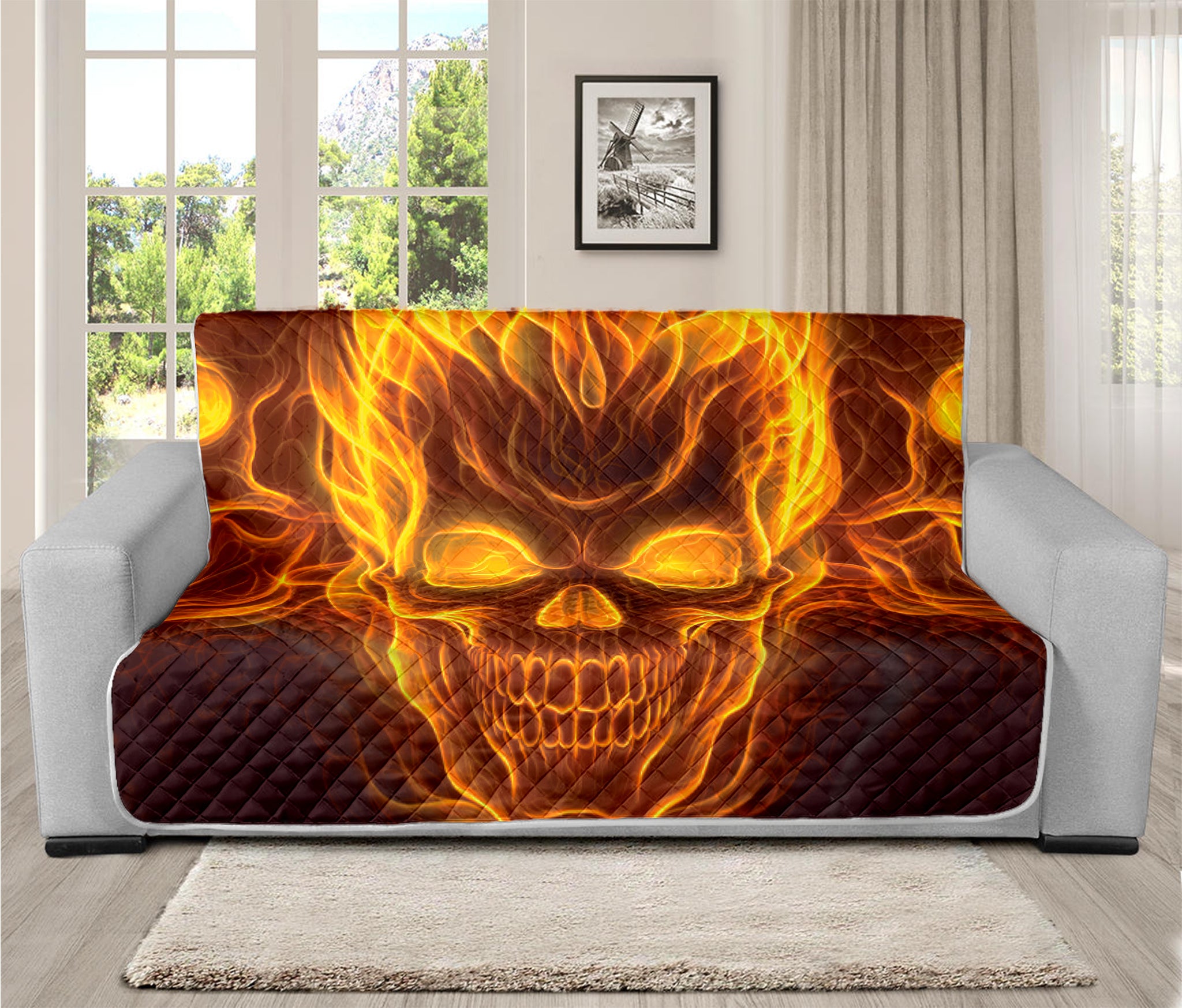 Three Flaming Skull Print Futon Protector