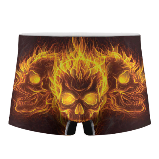Three Flaming Skull Print Men's Boxer Briefs