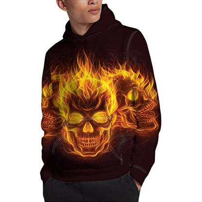 Three Flaming Skull Print Pullover Hoodie