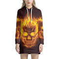 Three Flaming Skull Print Pullover Hoodie Dress