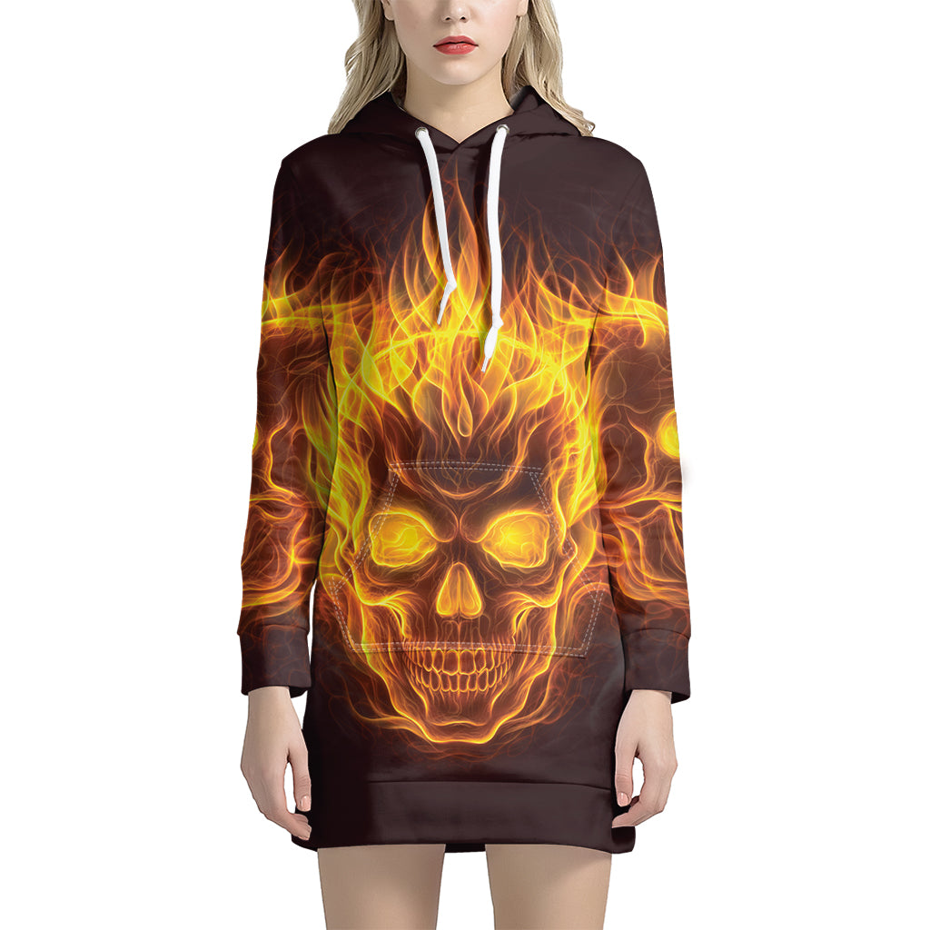 Three Flaming Skull Print Pullover Hoodie Dress