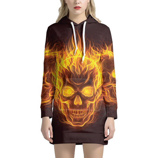 Three Flaming Skull Print Pullover Hoodie Dress