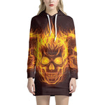 Three Flaming Skull Print Pullover Hoodie Dress