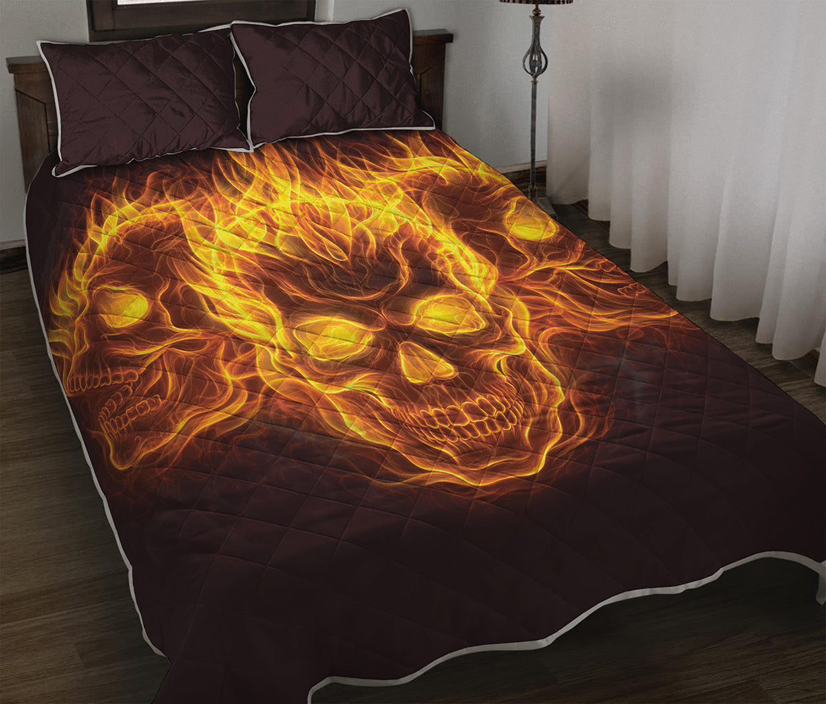 Three Flaming Skull Print Quilt Bed Set