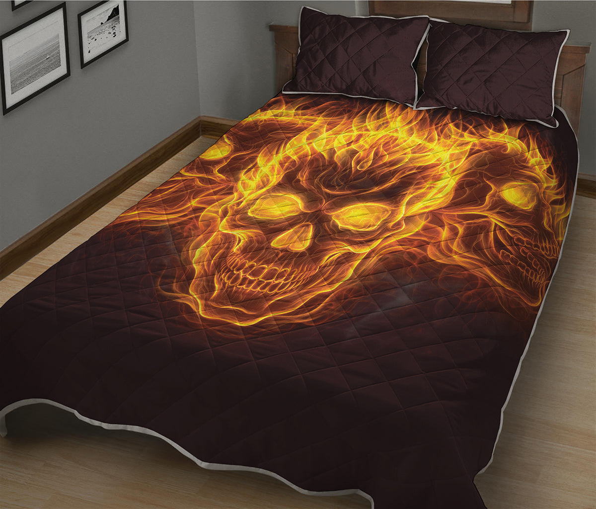 Three Flaming Skull Print Quilt Bed Set