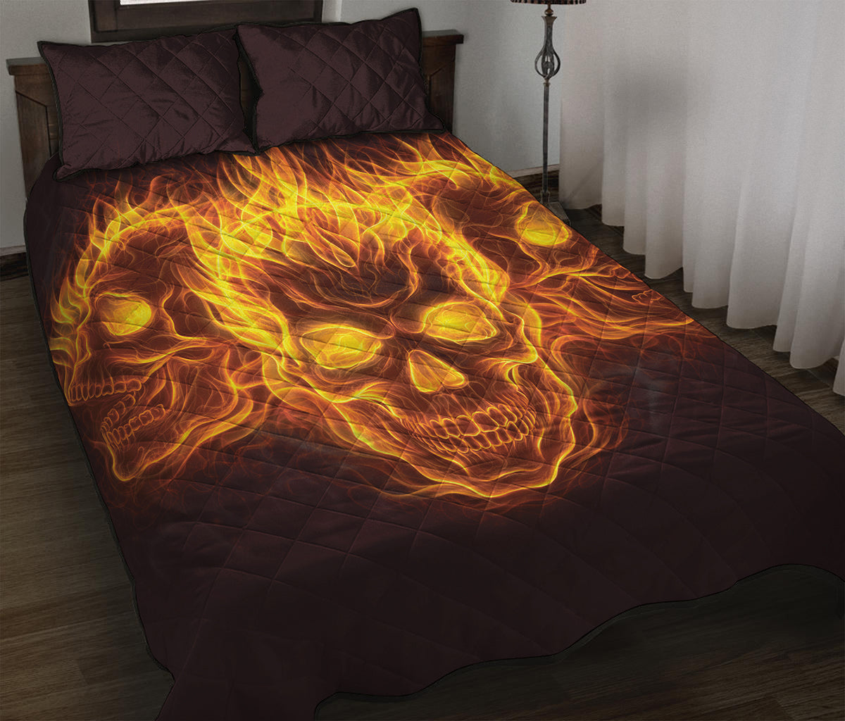 Three Flaming Skull Print Quilt Bed Set