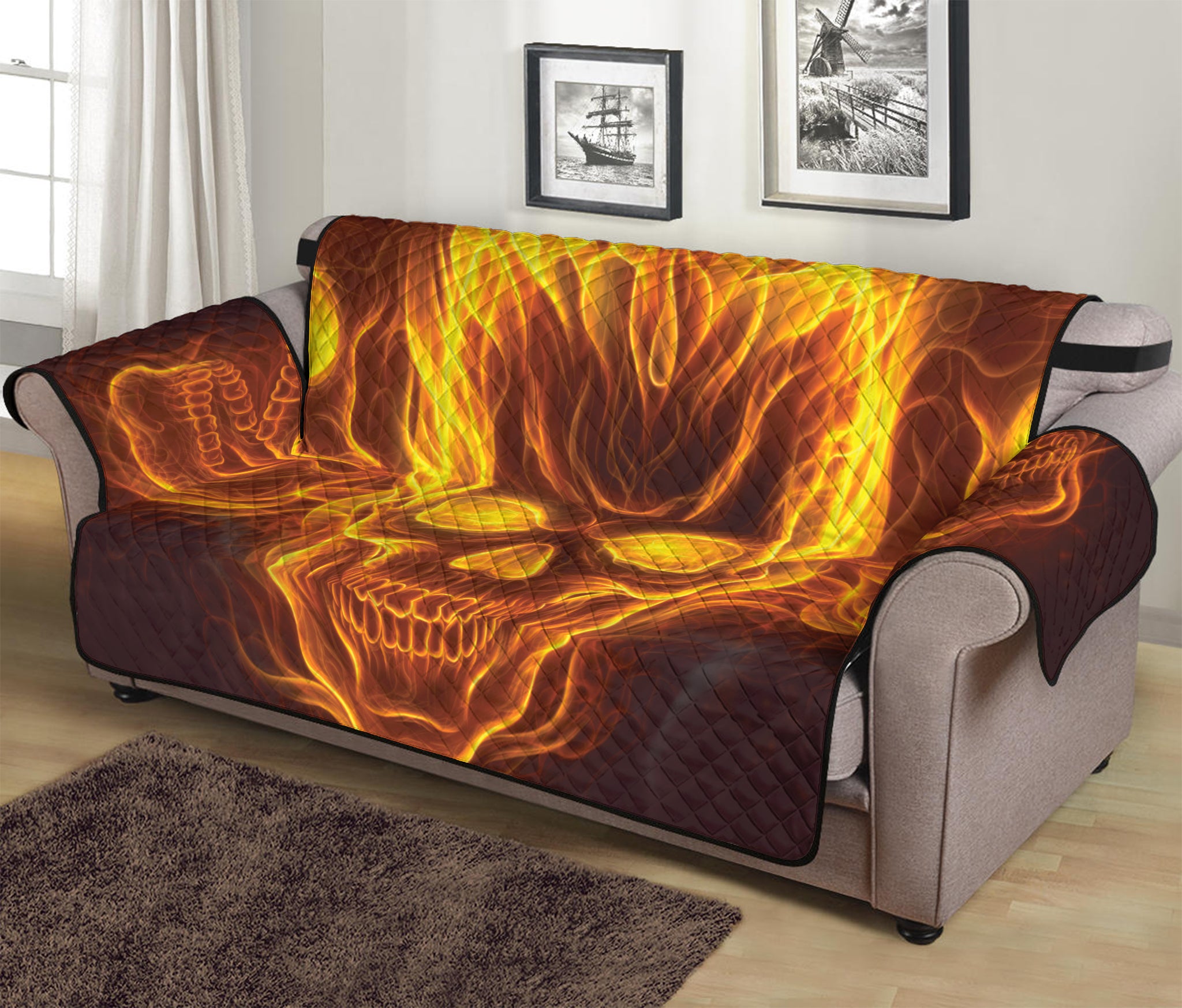 Three Flaming Skull Print Sofa Protector