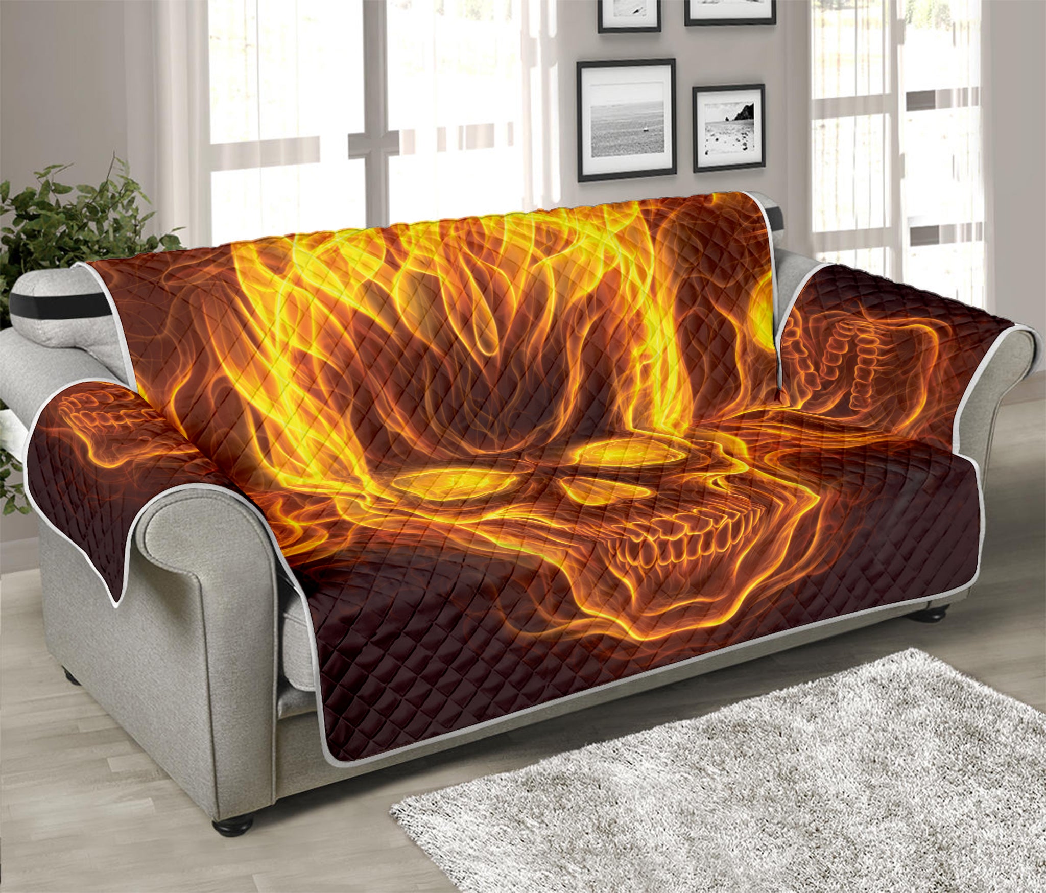 Three Flaming Skull Print Sofa Protector