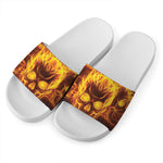 Three Flaming Skull Print White Slide Sandals