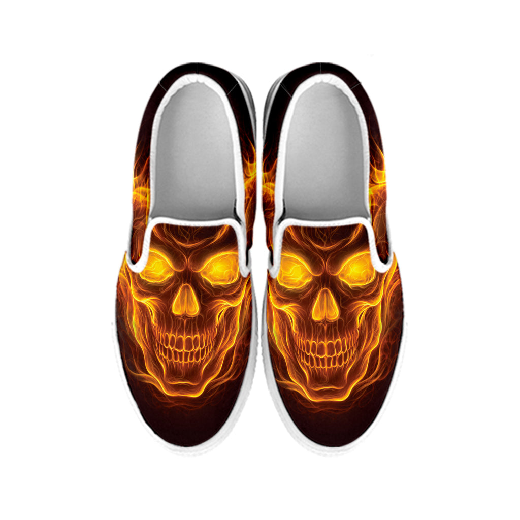 Three Flaming Skull Print White Slip On Shoes