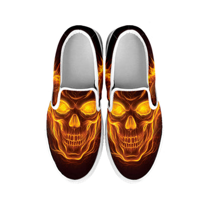 Three Flaming Skull Print White Slip On Shoes