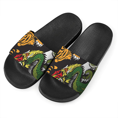 Tiger And Dragon Yin Yang Print Black Slide Sandals