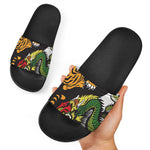 Tiger And Dragon Yin Yang Print Black Slide Sandals