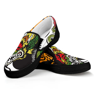 Tiger And Dragon Yin Yang Print Black Slip On Shoes