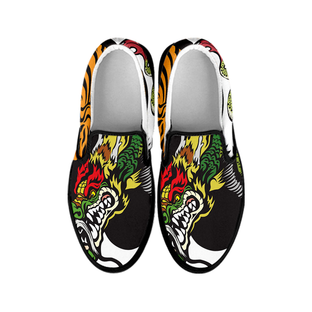 Tiger And Dragon Yin Yang Print Black Slip On Shoes