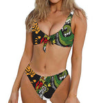 Tiger And Dragon Yin Yang Print Front Bow Tie Bikini