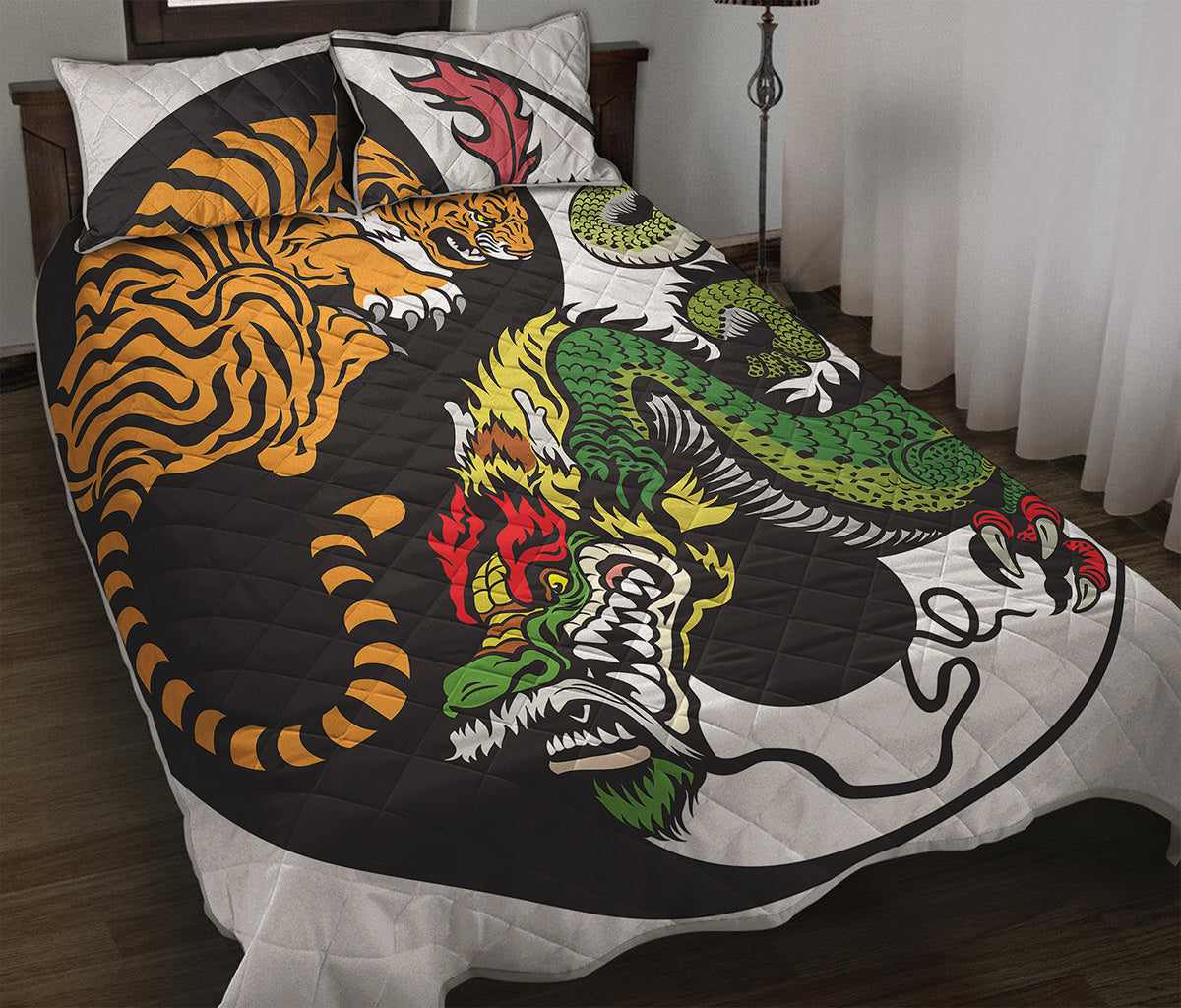 Tiger And Dragon Yin Yang Print Quilt Bed Set