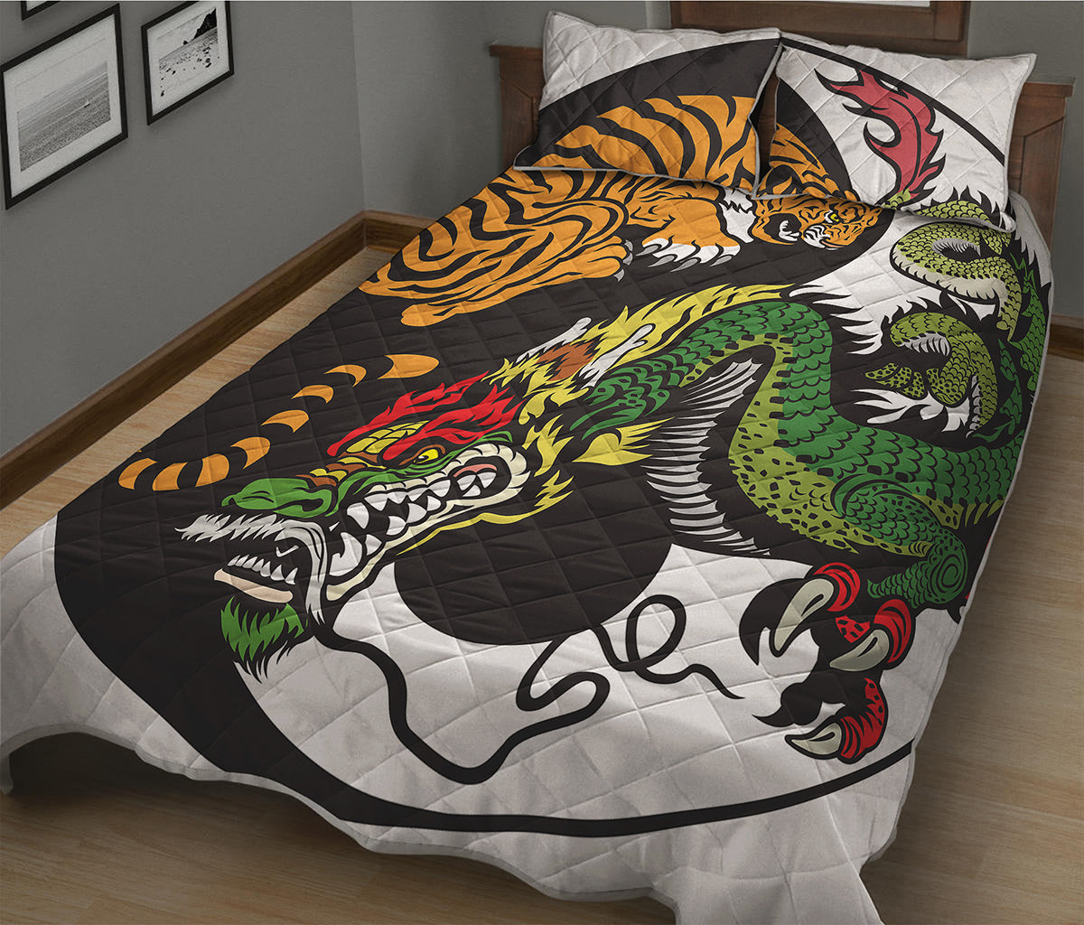 Tiger And Dragon Yin Yang Print Quilt Bed Set