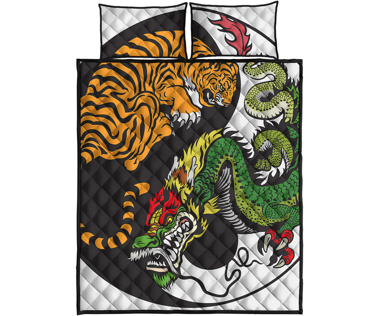 Tiger And Dragon Yin Yang Print Quilt Bed Set