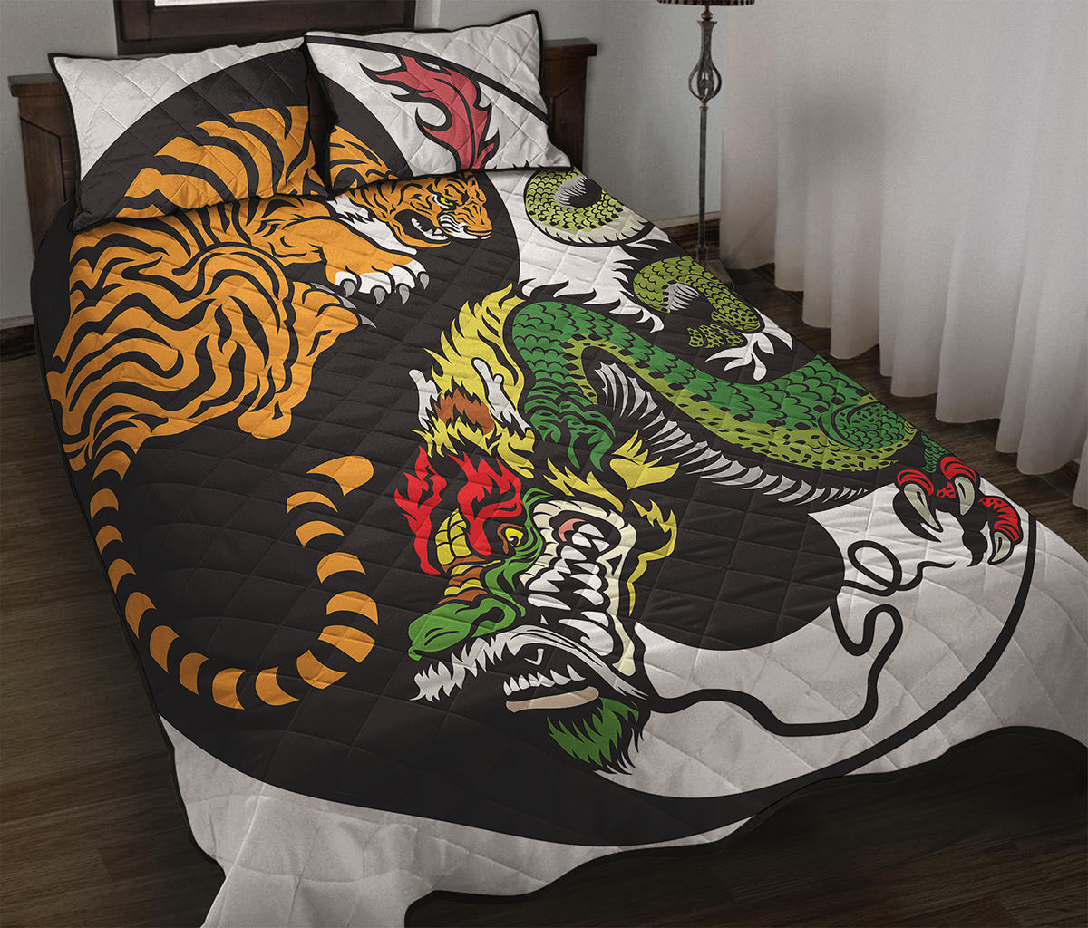 Tiger And Dragon Yin Yang Print Quilt Bed Set