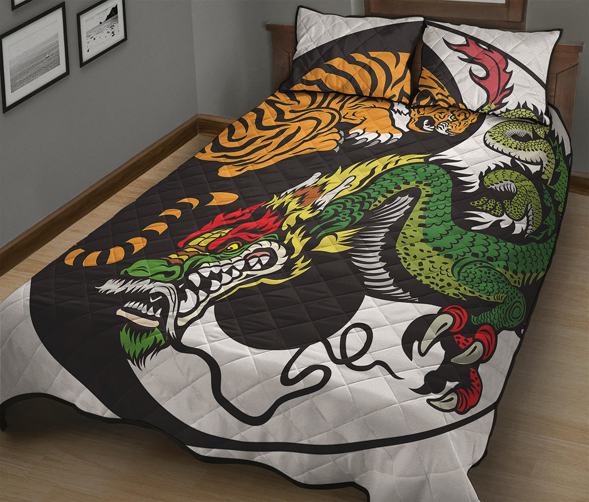 Tiger And Dragon Yin Yang Print Quilt Bed Set
