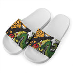 Tiger And Dragon Yin Yang Print White Slide Sandals