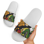 Tiger And Dragon Yin Yang Print White Slide Sandals