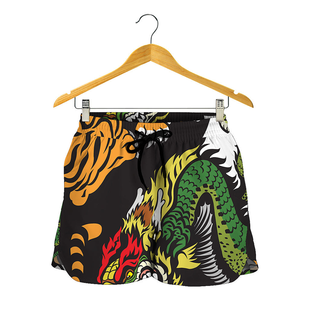 Tiger And Dragon Yin Yang Print Women's Shorts