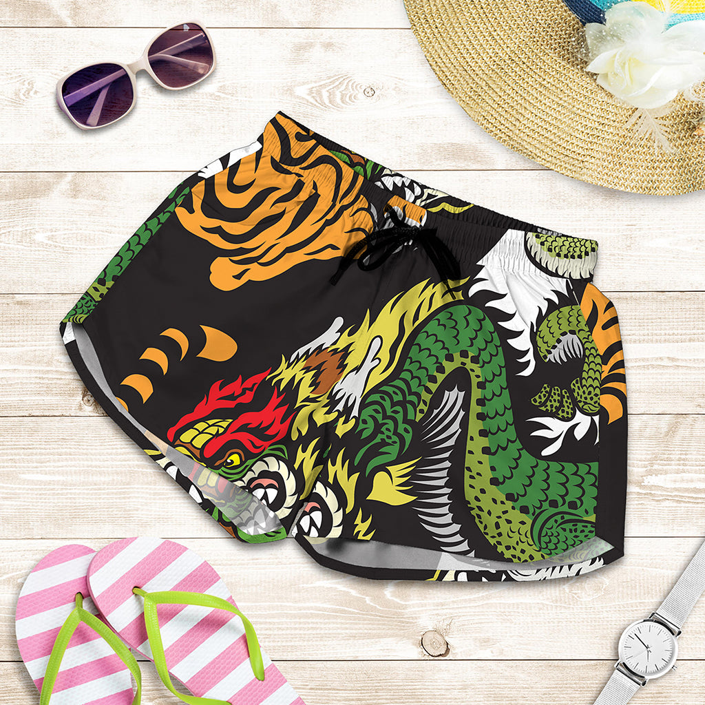 Tiger And Dragon Yin Yang Print Women's Shorts