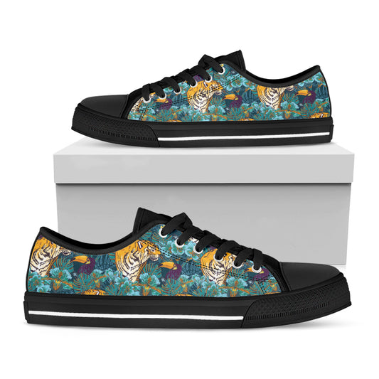 Tiger And Toucan Pattern Print Black Low Top Shoes