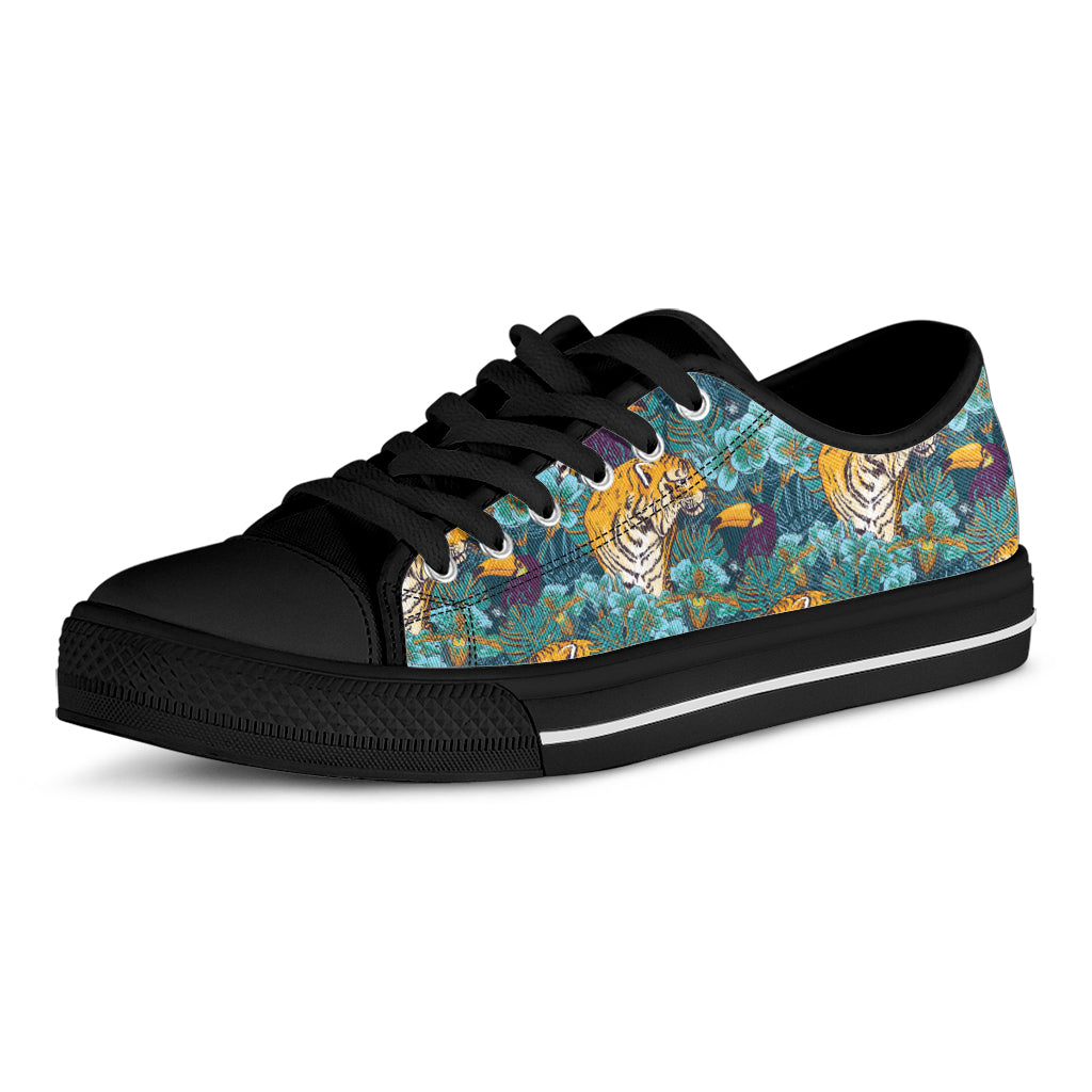 Tiger And Toucan Pattern Print Black Low Top Shoes