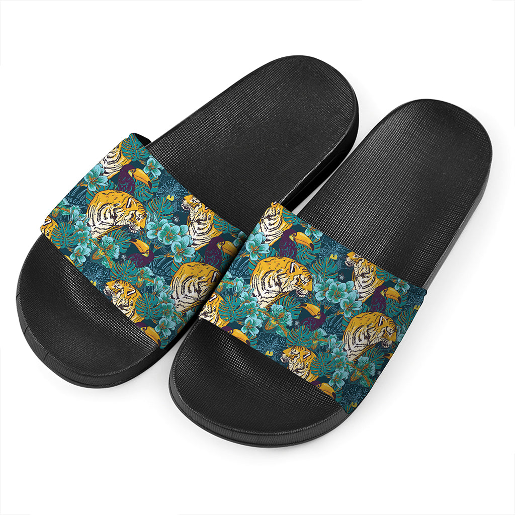 Tiger And Toucan Pattern Print Black Slide Sandals