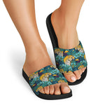 Tiger And Toucan Pattern Print Black Slide Sandals