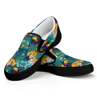 Tiger And Toucan Pattern Print Black Slip On Shoes