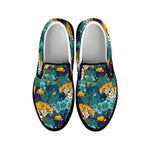 Tiger And Toucan Pattern Print Black Slip On Shoes