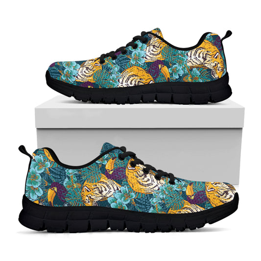 Tiger And Toucan Pattern Print Black Sneakers